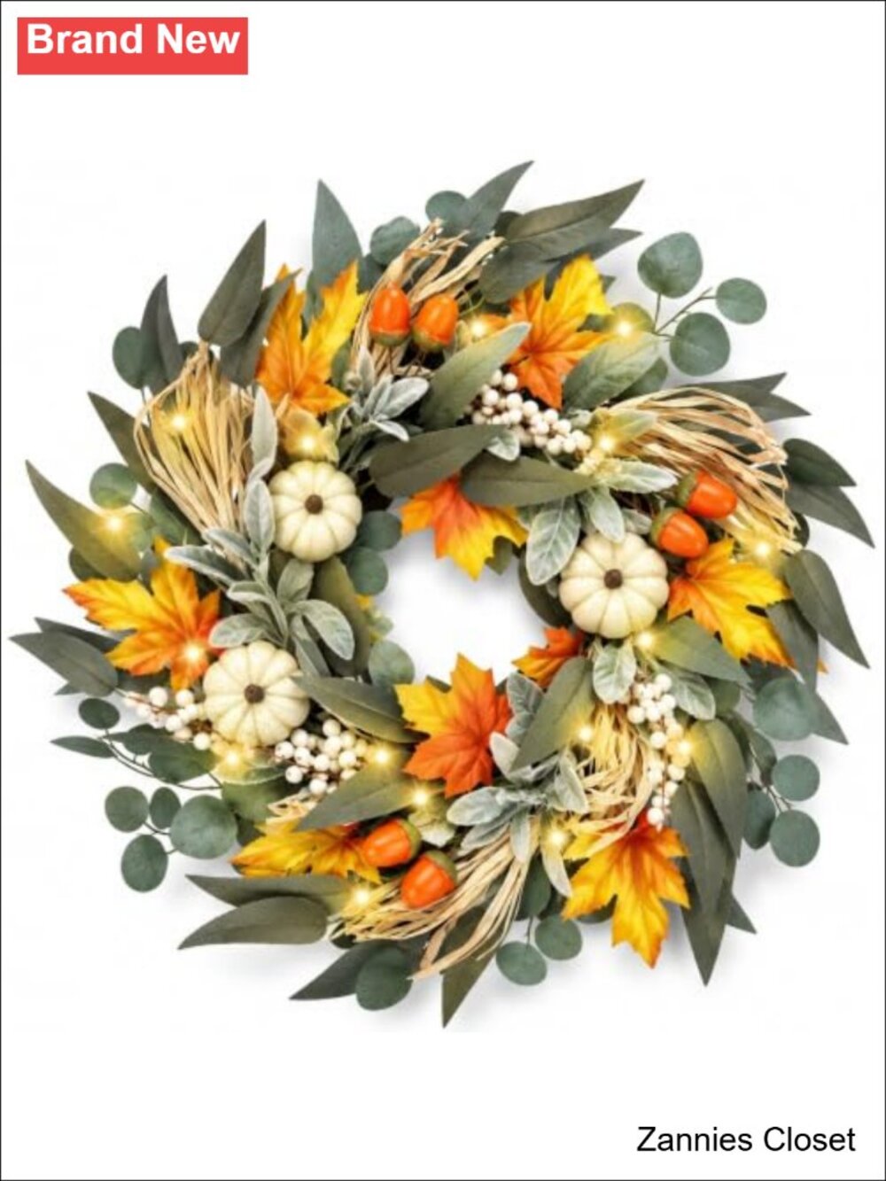 👻 20 Inch Lighted Fall Wreath Front Door White Pumpkins Timer LED Thanksgiving